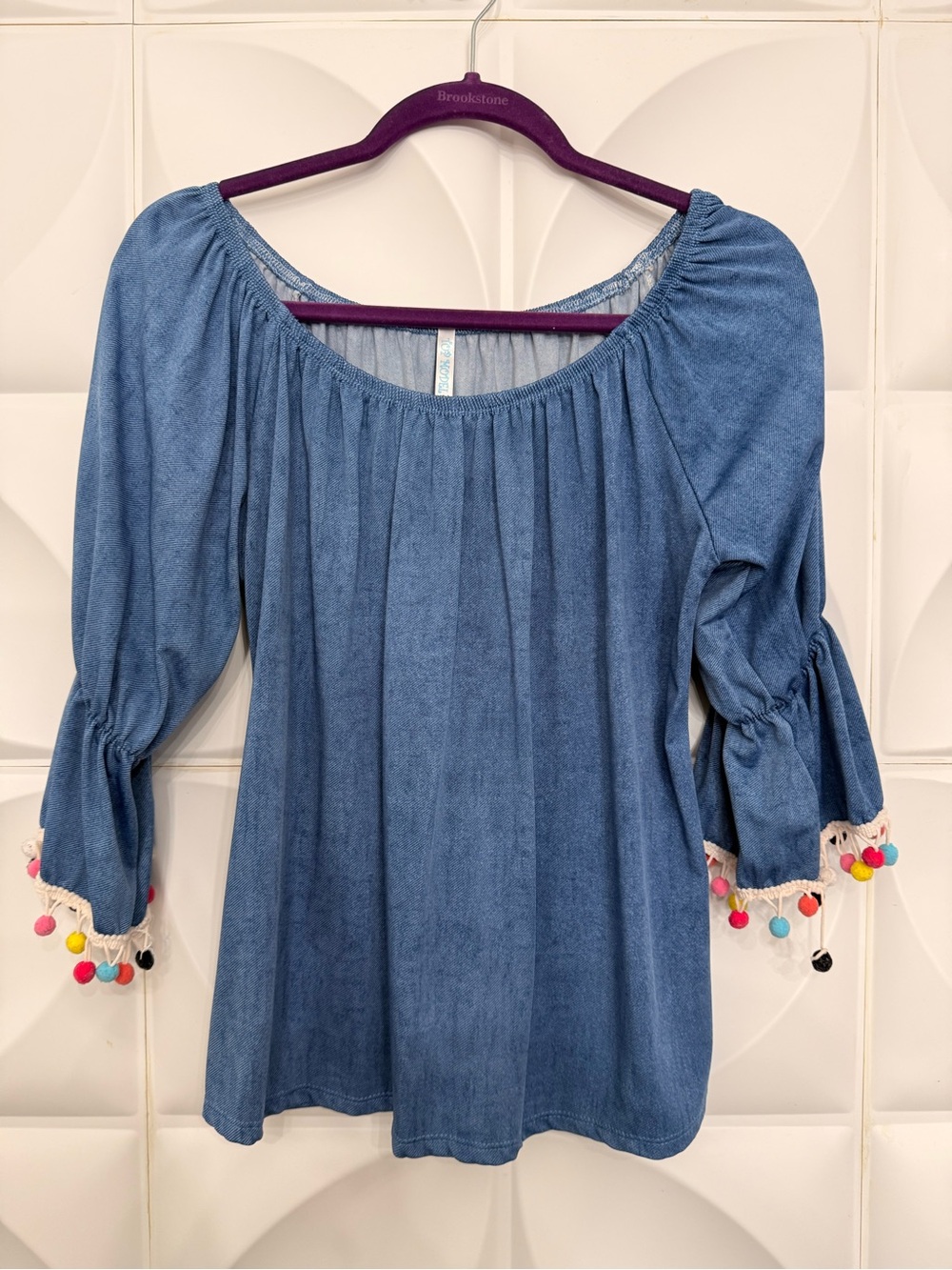 Women's Blue Off-Shoulder Tank Top with Pom Trim